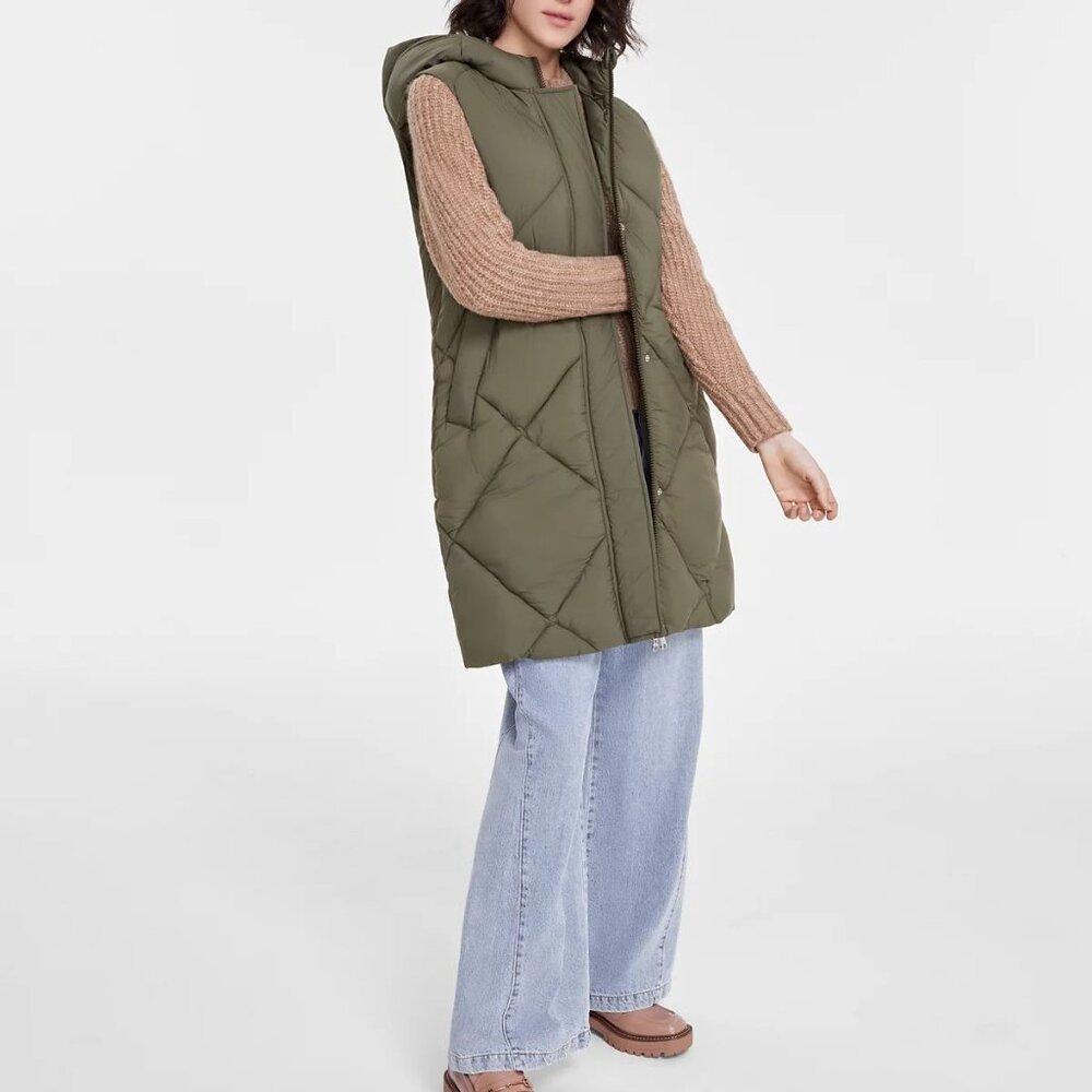 New Sam Edelman Quilted Hooded Puffer Vest, Olive Sizes L, XL